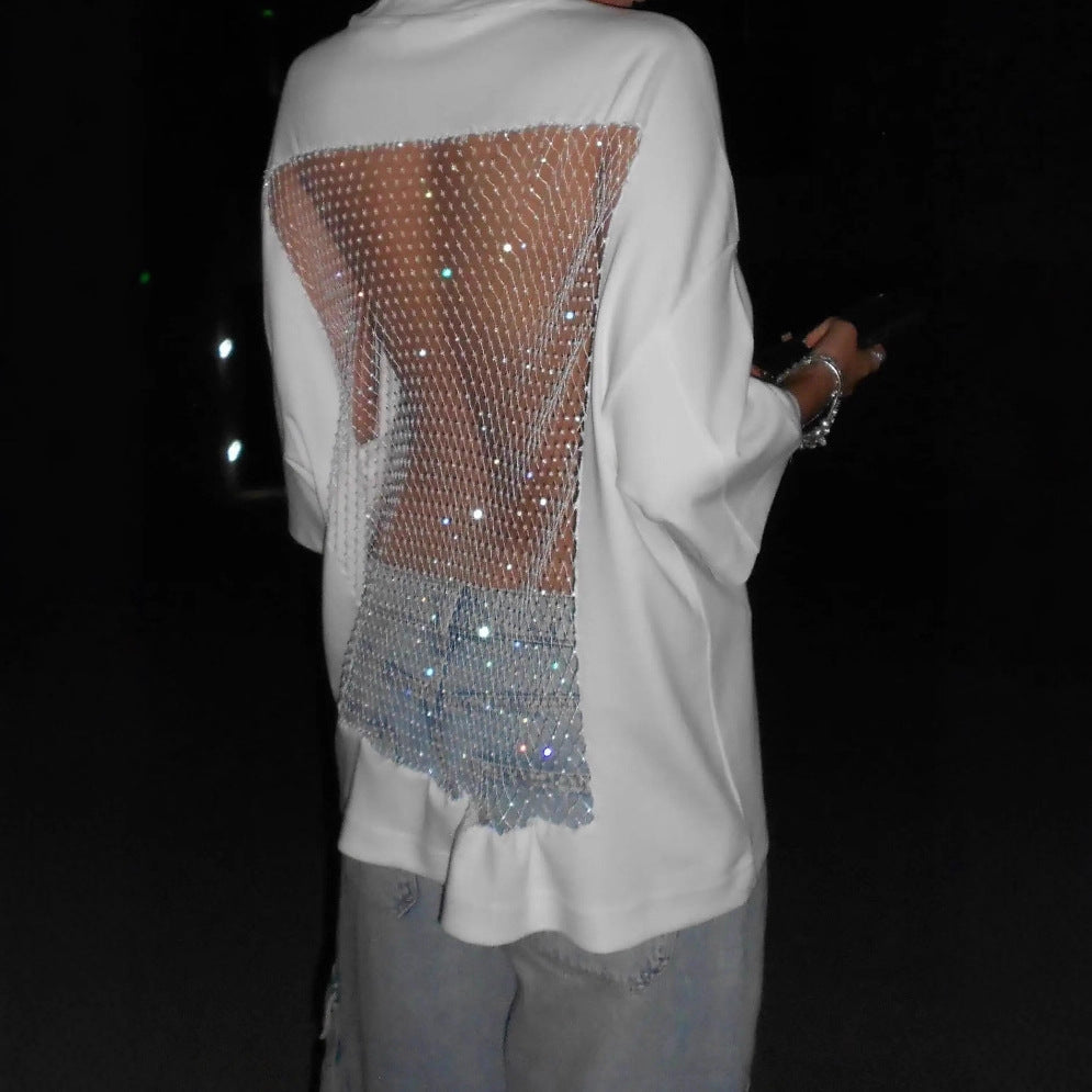 Women's oversized T-shirt with transparent mesh back, rhinestone embellishment and jeans print StylebySassy