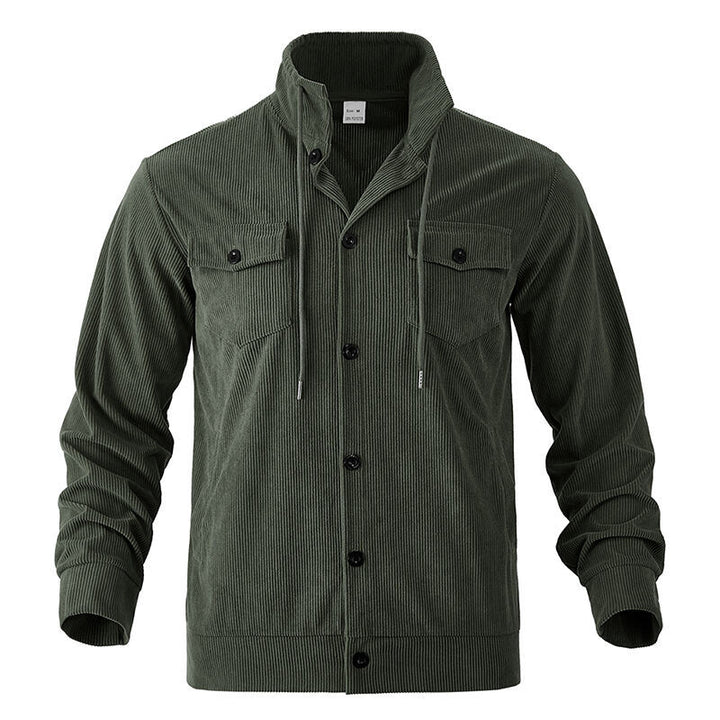 Men's functional cord shirt jacket with high stand collar, drawstring, and patch pockets StylebySassy
