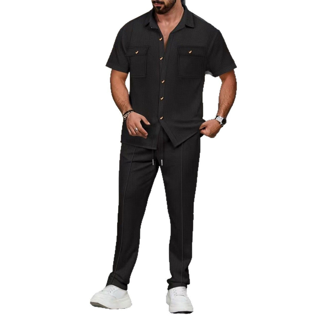 Men's casual tracksuit with short sleeve camp shirt and slim drawstring pants StylebySassy