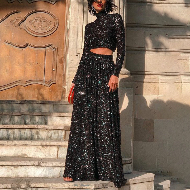 Women two-piece sequin evening set with high-neck crop top and flowing maxi skirt StylebySassy