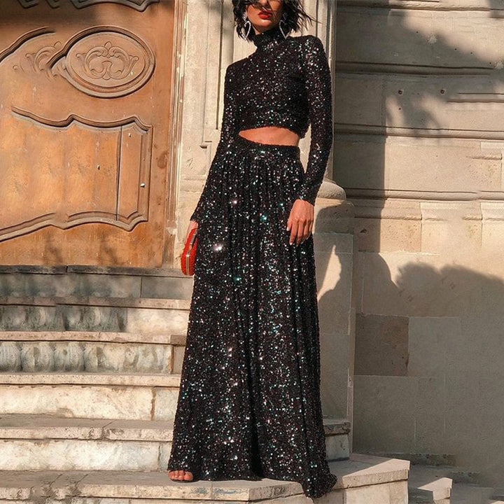Women two-piece sequin evening set with high-neck crop top and flowing maxi skirt StylebySassy