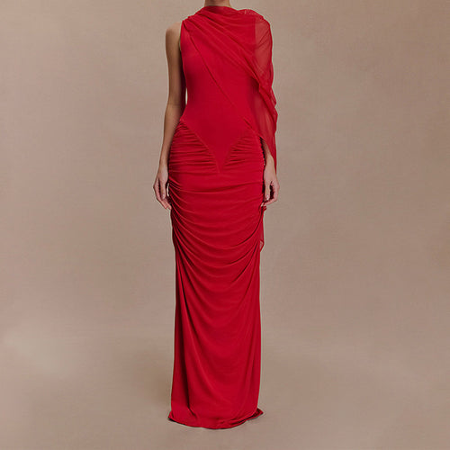 Ladies Glamorous Evening Dress with Asymmetrical Neckline and Elegant Draping Design StylebySassy