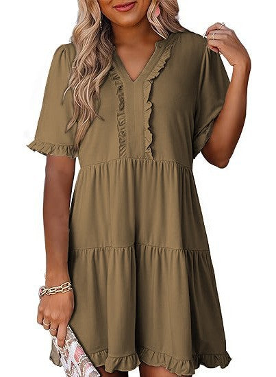 Women's lightweight swing dress with V-neck, tiered skirt and delicate ruffles StylebySassy