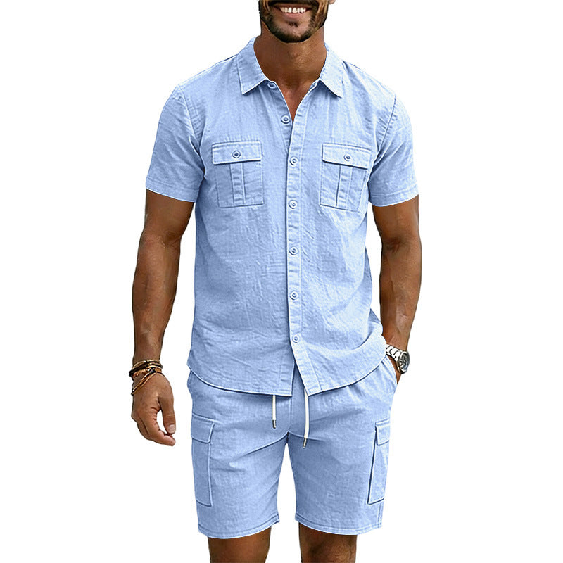 Men's summer short-sleeve shirt and cargo bermuda set made of linen blend with chest pockets and drawstring waistband StylebySassy