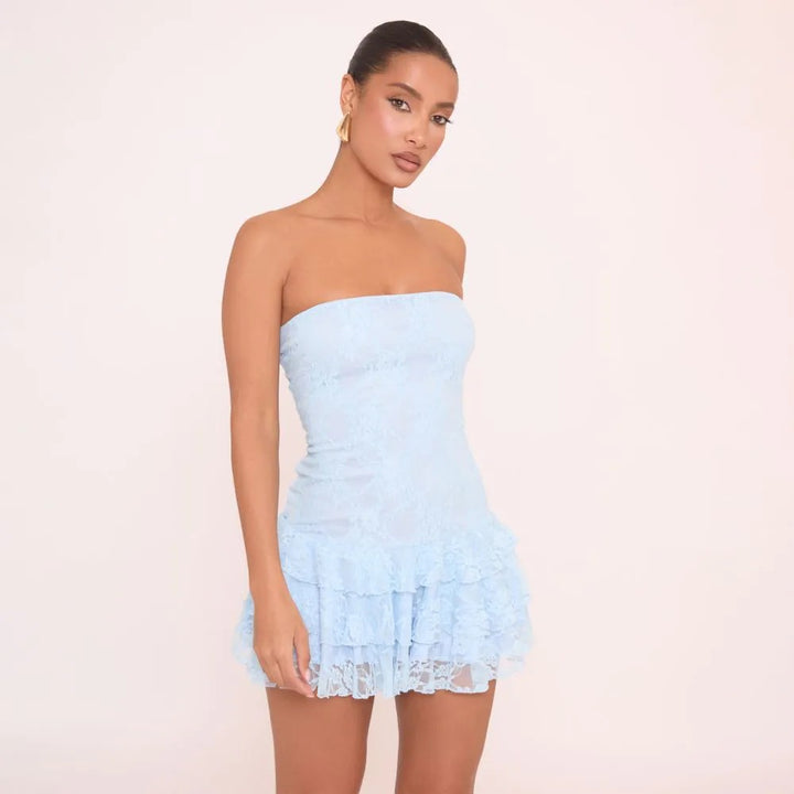Ladies Strapless Mini Dress with Ruffle Details StylebySassy