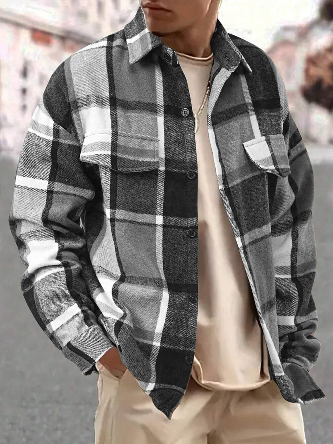 Men's oversized check shirt jacket made of soft flannel with patch chest pockets StylebySassy