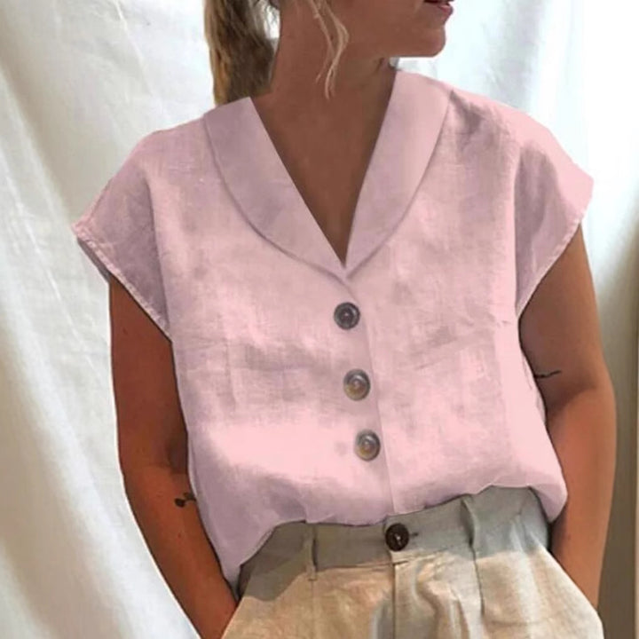 Women's casual linen blouse top with notched collar and wood button placket StylebySassy