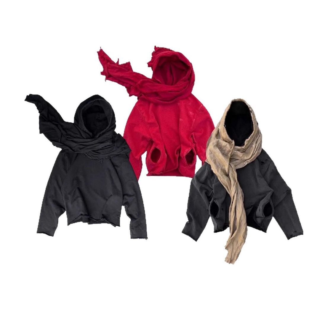 Unisex hooded pullover in usage marks style with attached tube scarf and frayed openings StylebySassy