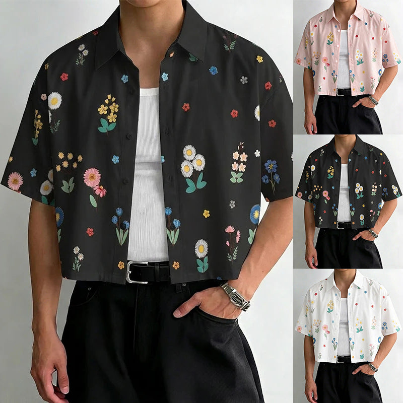 Women's loosely cut short sleeve shirt blouse with floral all-over print, shirt collar and short hem StylebySassy