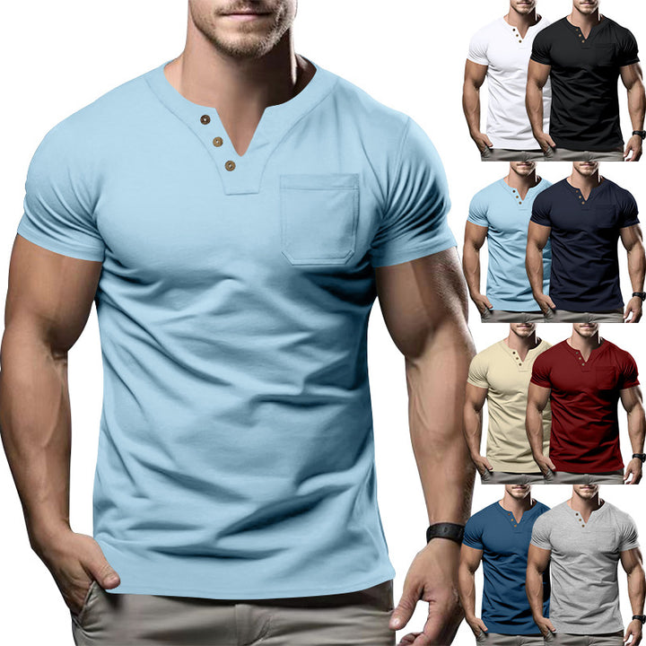 Men's tailored short sleeve Henley shirt with chest pocket and asymmetrical button placket StylebySassy