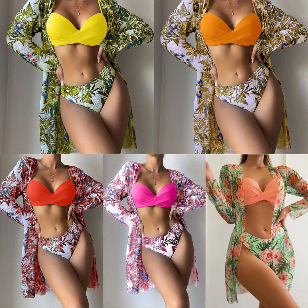 Women's beach bikini with floral embellishments and elegant kimono StylebySassy