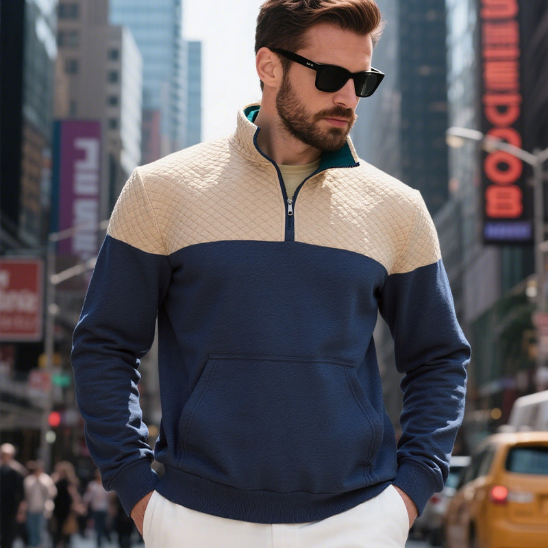 Men's quilted shoulder yoke half-zip sweater with kangaroo pocket and stand collar StylebySassy