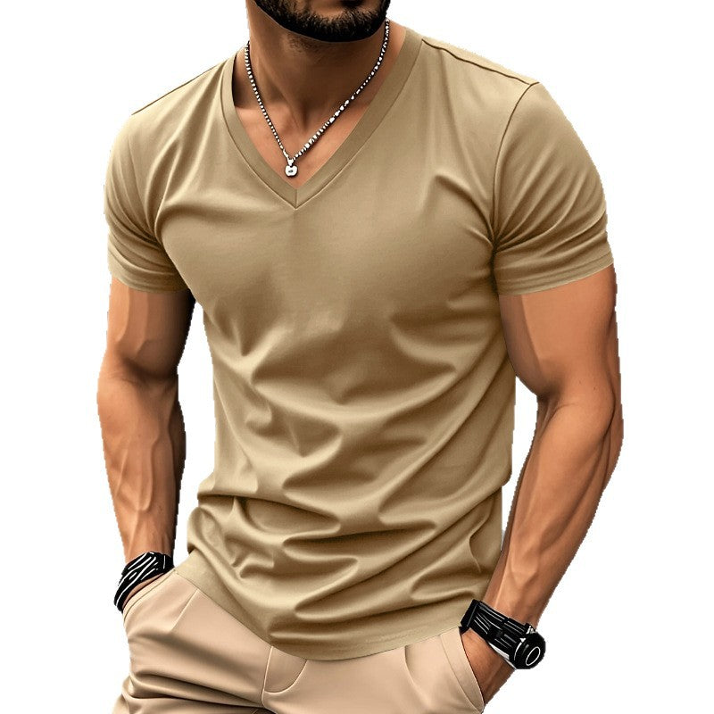 Men's classic V-neck T-shirt made of fine cotton jersey with reinforced neckband and double stitching StylebySassy