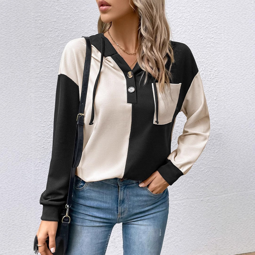 Women's waffle knit hoodie with henley buttons, chest pocket, and hood StylebySassy
