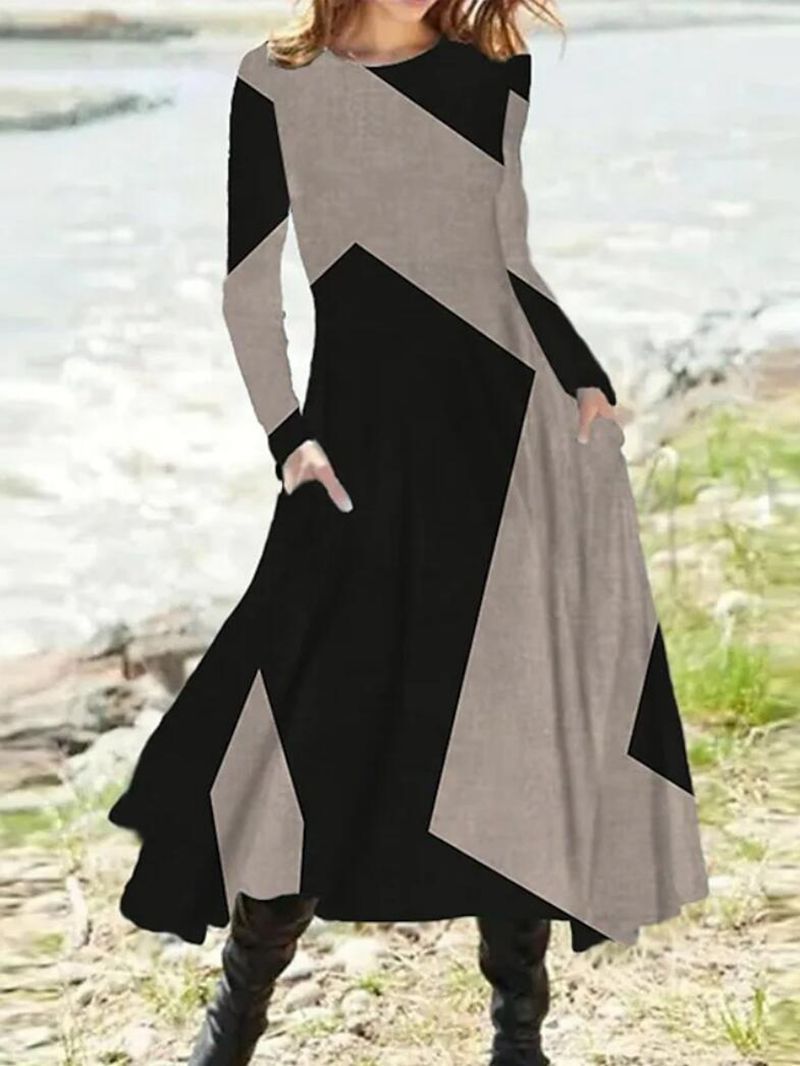 Ladies nan geometric maxi dress with long sleeves, A-line cut and side pockets StylebySassy