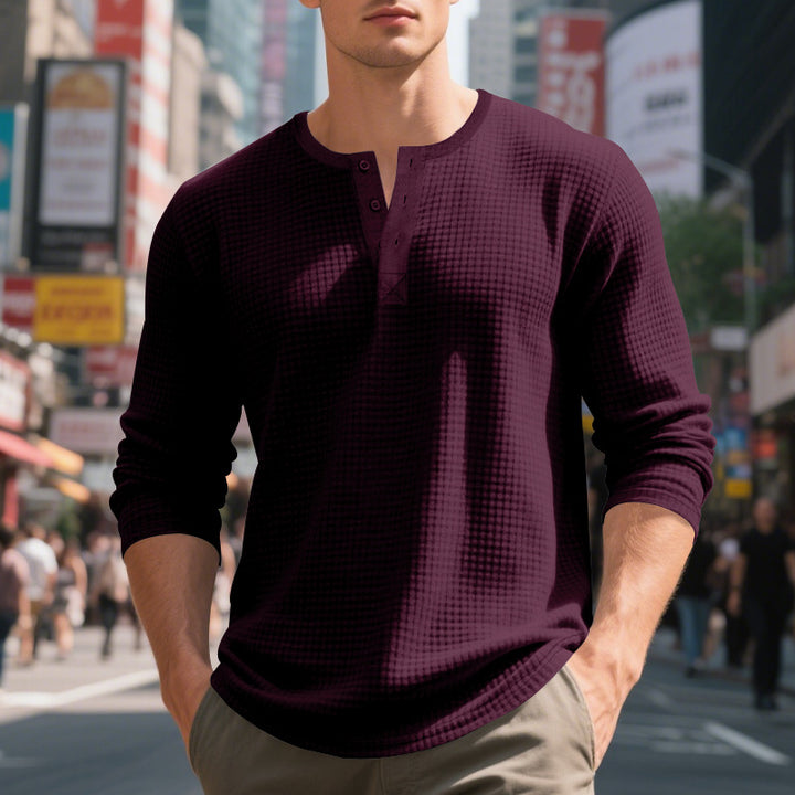 Men's nano thermoregulating waffle thermal shirt with short button placket and rounded hem StylebySassy