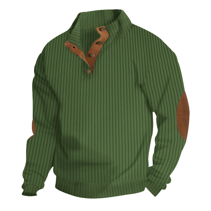 Men's structured ribbed pullover with short button collar and suede elbow patches StylebySassy