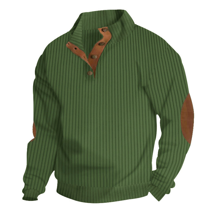 Men's structured ribbed pullover with short button collar and suede elbow patches StylebySassy