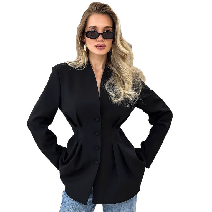 Women's nan tailored blazer with Vienna seams, covered buttons, and fitted pleated silhouette StylebySassy