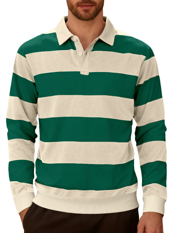 Men's striped rugby polo with a Kent collar, two-button placket, and ribbed hem StylebySassy