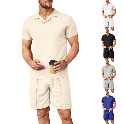 Men's two-piece leisure set made of structured cotton blend with polo shirt and straight comfort shorts StylebySassy