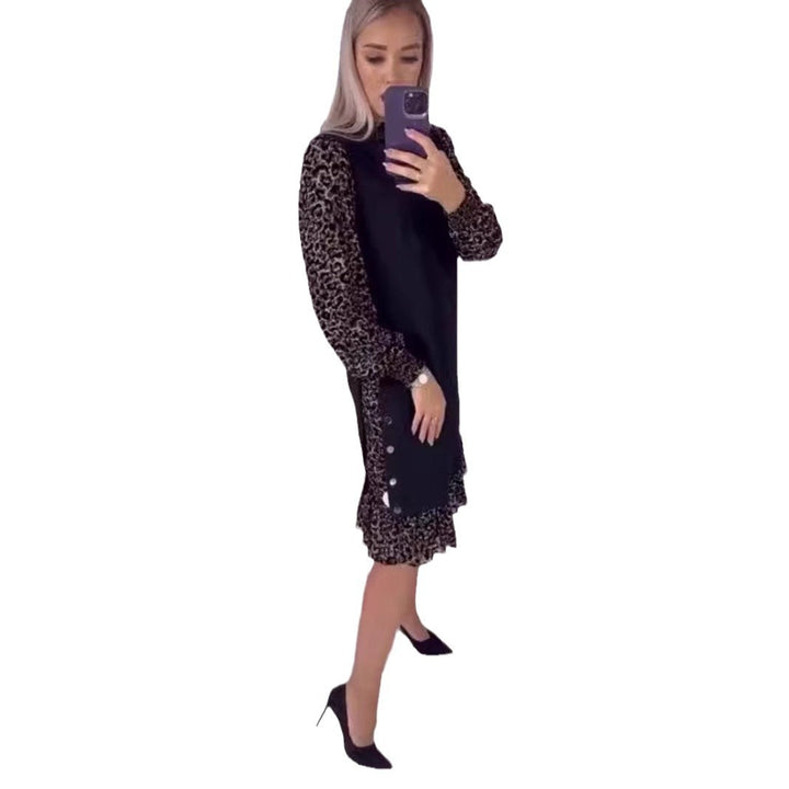 Women's two-layer chiffon midi dress with transparent animal print sleeves, ruffled hem and side button placket StylebySassy