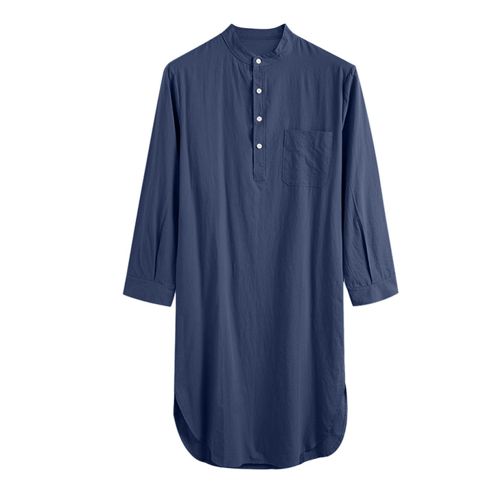 Men's long loose shirt with stand-up collar, chest pocket, and curved hem StylebySassy
