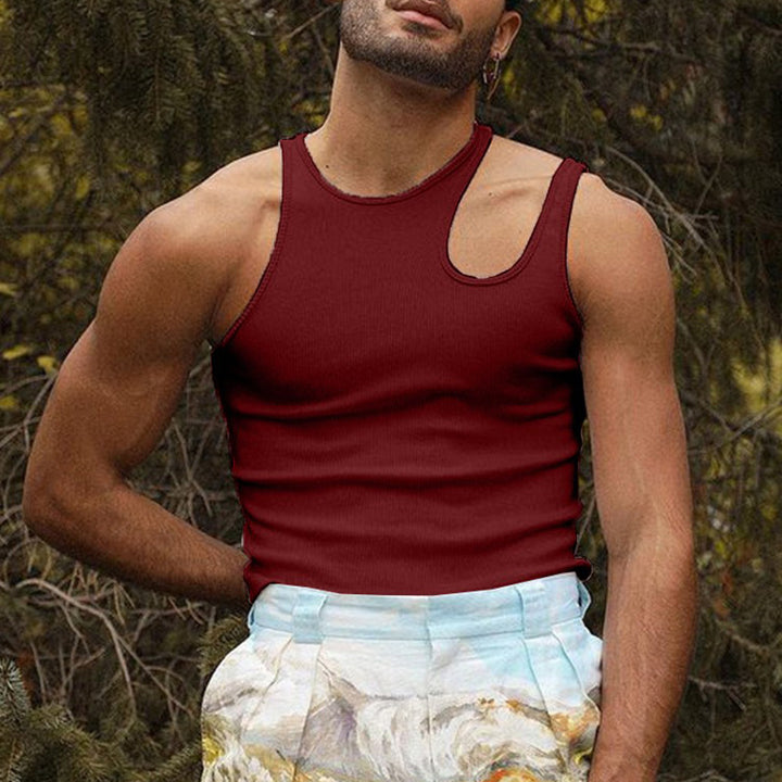 Men's body-hugging tank top with one-sided shoulder cut-out and fine ribbed texture StylebySassy