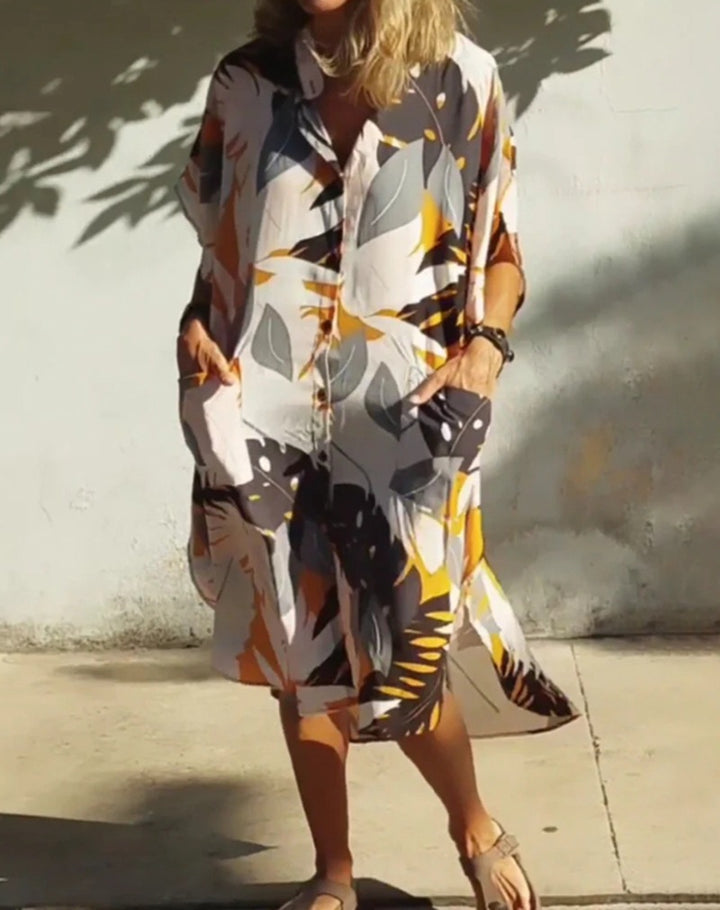 Women's airy-light kaftan shirt dress with dropped shoulder, hidden button placket, and side pockets StylebySassy
