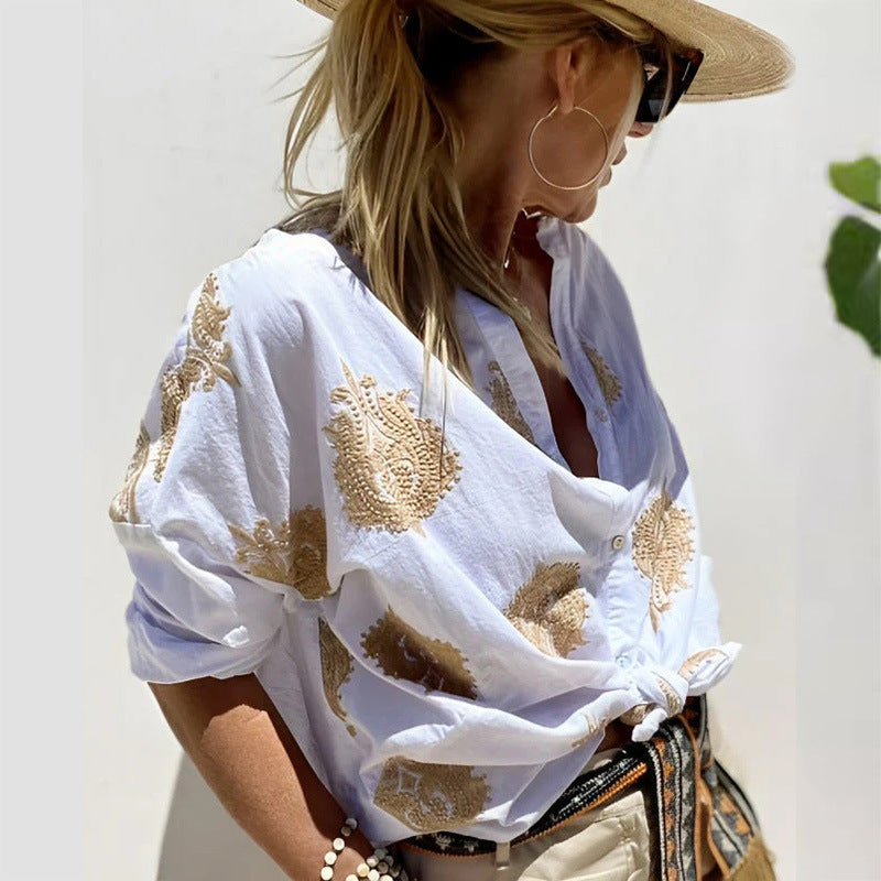 Women's oversized shirt blouse with knot front and paisley embroidery StylebySassy
