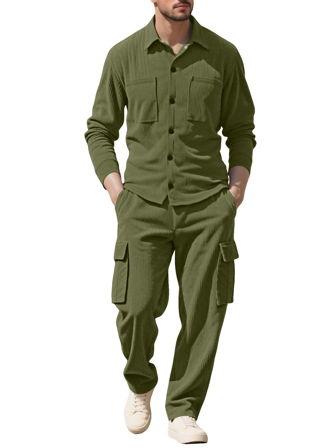 Men's ribbed worker shirt with chest pockets and relaxed cargo pants StylebySassy