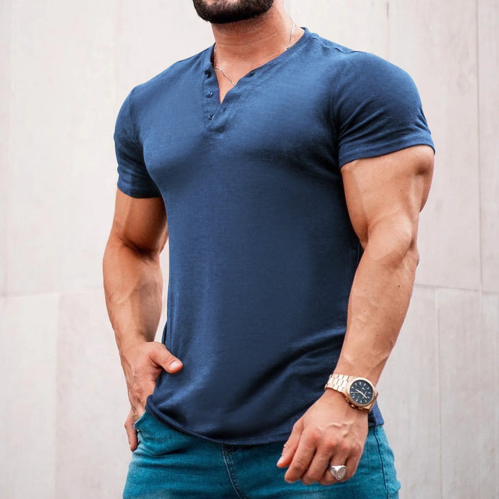 Men's muscle-fitting short-sleeve shirt with button placket and V-neck made of cotton stretch StylebySassy