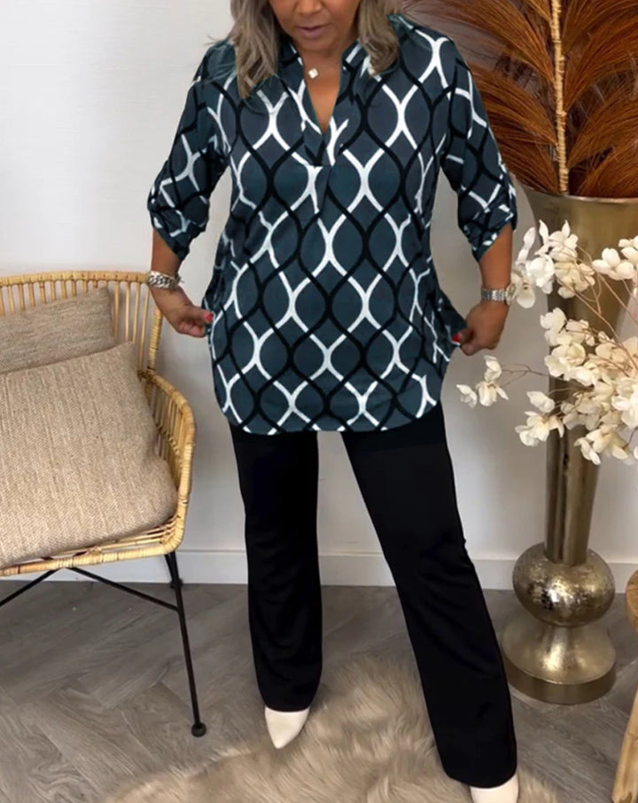 Ladies casual long tunic with V-neck three-quarter sleeves side pockets and geometric chain print StylebySassy