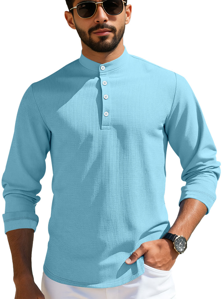 Men's structured long-sleeve henley with Nehru collar and tone-on-tone button placket StylebySassy