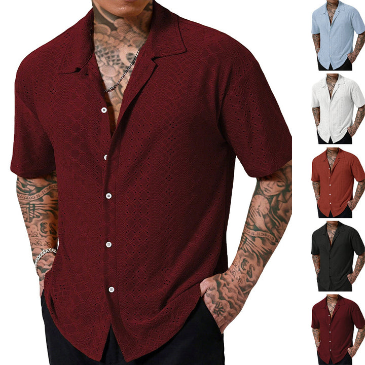 Men's short-sleeve casual shirt with openwork embroidery, lapel collar and relaxed fit StylebySassy