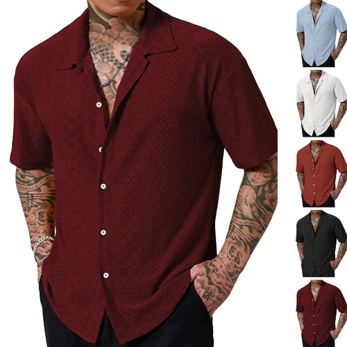 Men's short-sleeve casual shirt with openwork embroidery, lapel collar and relaxed fit StylebySassy