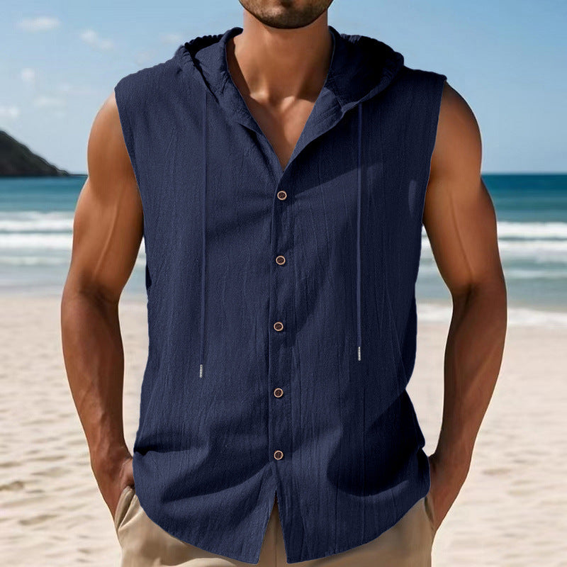 Men's sleeveless hooded shirt made of crepe-structured cotton blend with continuous button placket and drawstring StylebySassy