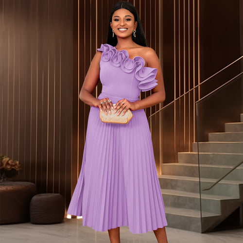 Women Folding Maxi Dress with Asymmetric Neckline and Ruffles