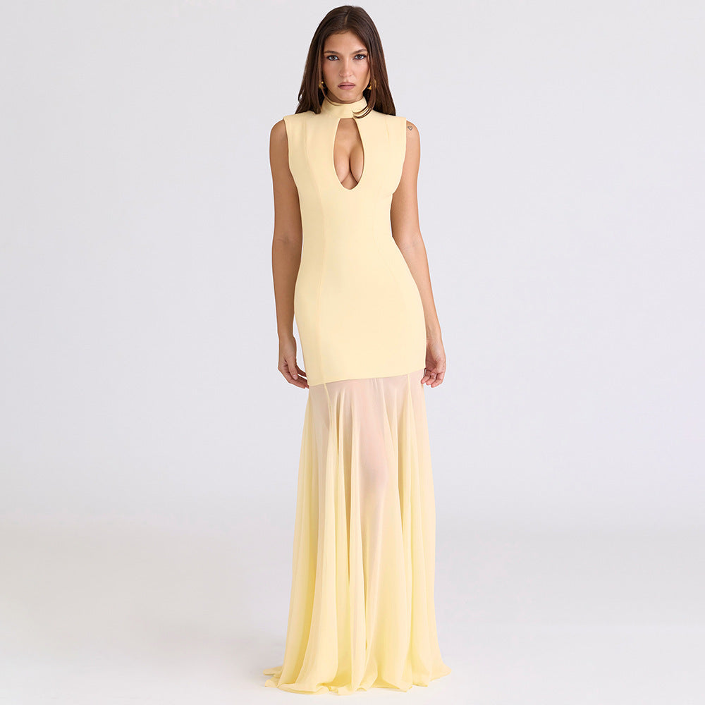 Women Elegant Maxi Dress with Deep V-Neck and Transparent Tulle Layer StylebySassy