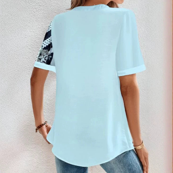 Women two-piece shirt blouse with asymmetrical pattern mix, button placket and loose hip length StylebySassy