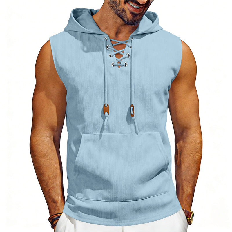 Men's sleeveless hooded vest with lace-up V-neck, kangaroo pocket, and casual fit StylebySassy