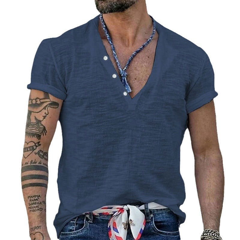 Men's short sleeve Henley style shirt made of slub cotton jersey with short button placket StylebySassy