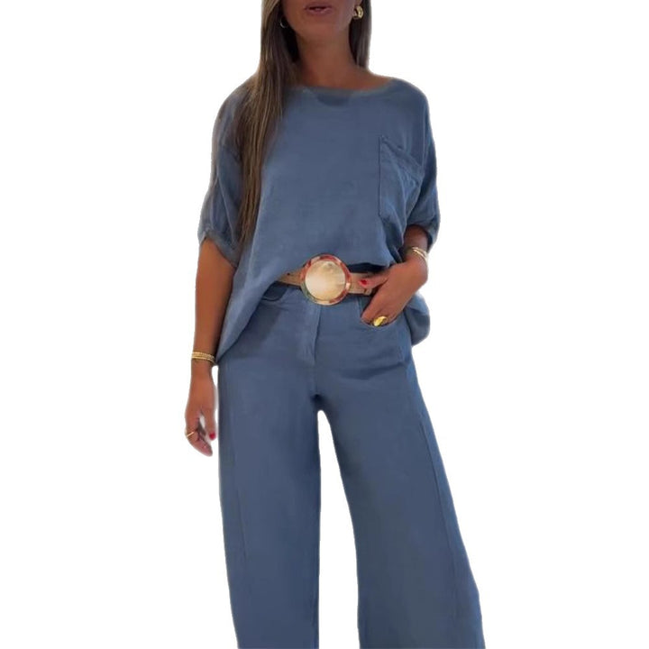 Women's casual linen blend two-piece set with boxy oversized top, patch pocket, and wide palazzo pants StylebySassy