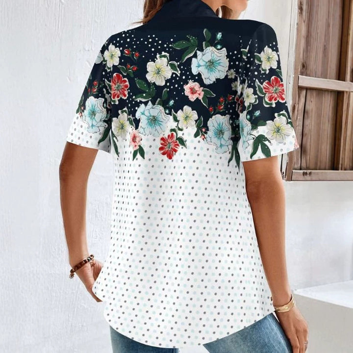 Women's Short Sleeve Polo Collar Tunic with Floral Yoke and Allover Polka Dot Print StylebySassy