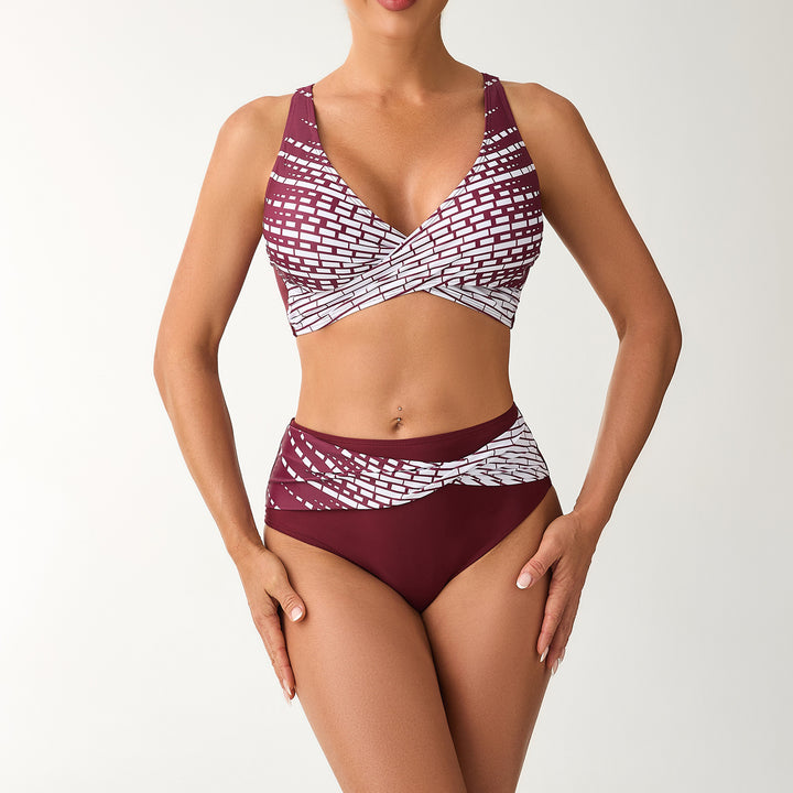 Women's High-Waisted Bikini Set with Laced Top and Graphic Accents StylebySassy