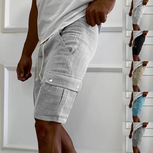 Men's urban cargo Bermuda shorts made of linen-cotton blend with elastic drawstring waistband and snap-flap pockets StylebySassy