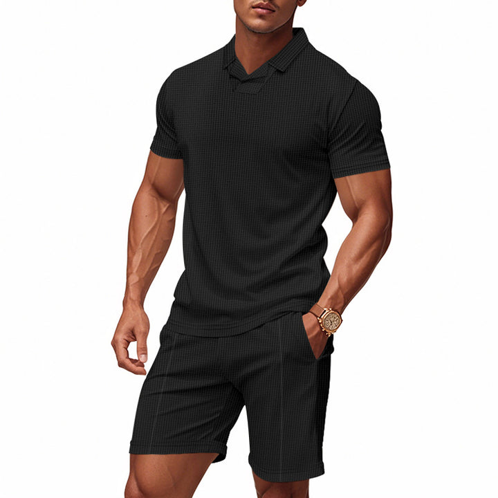 Men's casual waffle structured leisure set with lapel collar short sleeve shirt and elastic leisure shorts StylebySassy