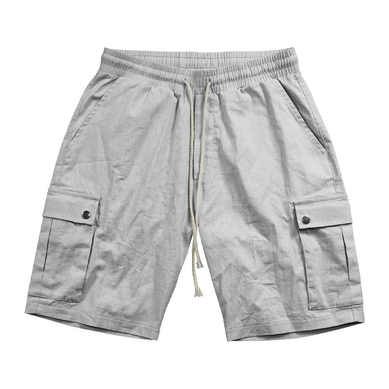 Men's urban cargo Bermuda shorts made of linen-cotton blend with elastic drawstring waistband and snap-flap pockets StylebySassy
