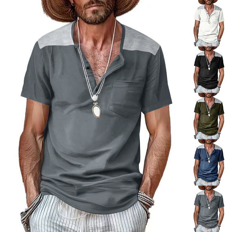 Men's short-sleeve henley shirt made of soft cotton blend with chest pocket and shoulder yoke StylebySassy