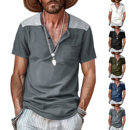 Men's short-sleeve henley shirt made of soft cotton blend with chest pocket and shoulder yoke StylebySassy